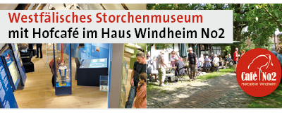 Aktionskomitee Minden Storchenmuseum mit Bildern vom Museum und vom Außenbereich des Cafés