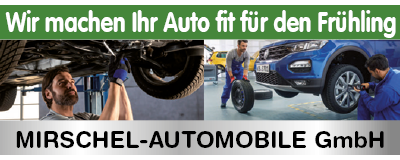 Mirschel Automobile-GmbH in Lügde mit Werkstattbildern und Spruch Wir machen Ihr Auto fit für den Frühling