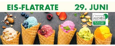 Bild von verschiedenen bunten Eiswaffeln mit Logo von Alloheim Seniorenresidenzen Lage und dem Text "Eis-Flatrate: 29. Juni"