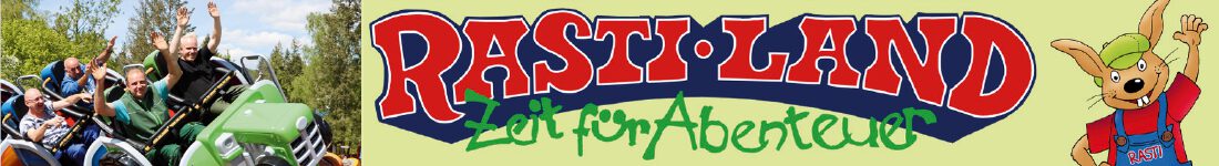 Bild von fröhlichen Menschen in einer Achterbahn und Logo von Rasti Land + Slogan "Zeit für Abenteuer" sowie eine Illustration eines winkenden Hasens vor hellgrünem Hintergrund