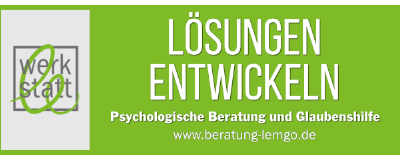 Leuchtend grüner Hintergrund und Logo von Werkstatt Leben; Text "Lösungen entwickeln" in Großbuchstaben; außerdem Text "Psychologische Beratung und Glaubenshilfe"