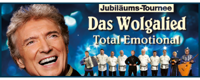 Bild von lachendem Peter Orloff und Text "Jubiläumstour - Das Wolgalied - Total emotional"