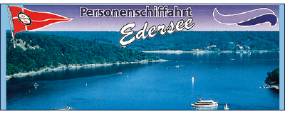 Bild von See und Bergen und Schriftzug "Personenschifffahrt Edersee"