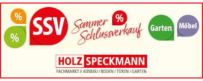 Hellgelber Hintergrund mit grafischen Elementen in Rot und Grün und Text "SSV - Sommer Schlussverkauf - Garten & Möbel" und Logo von Holz Speckmann aus Lage