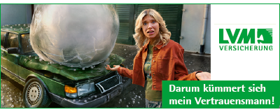 Bild von verzweifelter junger Frau vor zerstörtem Auto mit Eisblock auf der Motorhaube und weiße Schrift in grünem Balken "Darum kümmert sich mein Vertrauensmann!" sowie Logo der LVM Versicherung