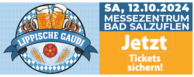 Logo von Lippischer Gaudi im bayrischen Stil und Text "Sa, 12.10.24 - Messezentrum Bad Salzuflen - Jetzt Tickets sichern!" vor dunkelblauem und gelbem Hintergrund