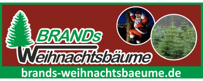 Grün-Schwarzes Logo von "Brands Weihnachtsbäume" vor dunkelrotem Hintergrund mit zwei kreisförmigen Bildern eines Deko-Weihnachtsmannes und Tannen sowie die Internetadresse "brands-weihnachtsbaeume.de" in grünem Balken