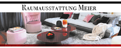 Bild von flauschig eingerichtetem Wohnzimmer und Logo von Raumausstattung Meier aus Dörentrup