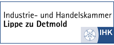 Logo der Industrie- und Handelskammer Lippe zu Detmold in Form von Schrift und blauer Bildmarke vor weißem Hintergrund