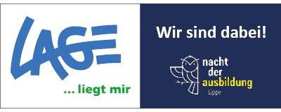 Logo der Stadt Lage mit "Lage" in Mittelblau samt grünem Slogan "... liegt mir" und Aussage in Weiß auf Dunkelblauem Hintergrund "Wir sind dabei!" sowie Logo der Nacht der Ausbildung Lippe