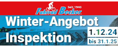 Logo von Fahrrad Becker in rotem Balken und Weiße Schrift vor blauem Bild "Winter-Angebot Inspektion" sowie Text "01.12.24 bis 31.1.25"