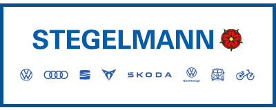 Blaues Logo vom Autohaus Stegelmann samt kleiner Logos von Automarken etc.