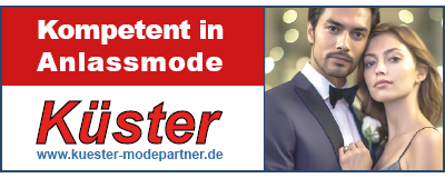 Bild von elegantem Mann und eleganter Frau sowie Text "Kompetent in Anlassmode" in Weiß auf Rot und Logo von Küster Modepartner in Extertal