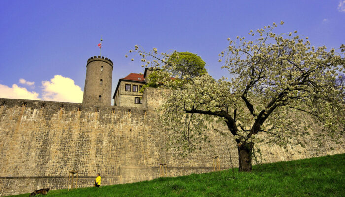 Ansicht mit Burgmauer und Spaziergänger