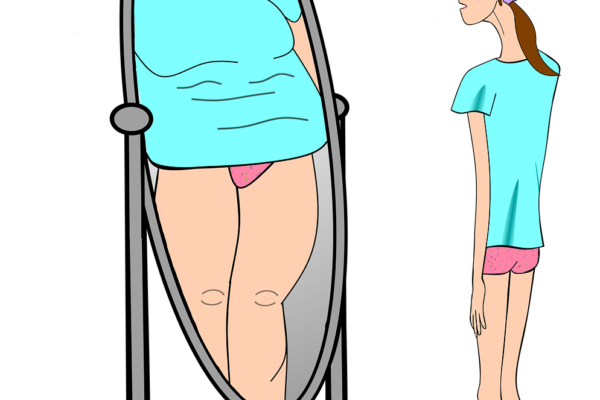 Frau vor dem Spiegel betrachtet ihr Spiegelbild und sieht übergewichtige Person.